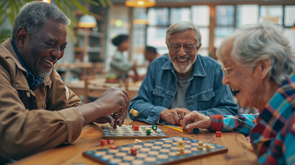 seniors playing checkers in community room