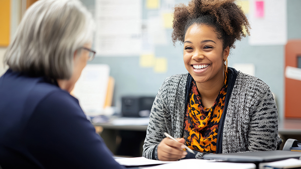 A social worker is smiling and actively listening to a client du staff helping with tenant recertification